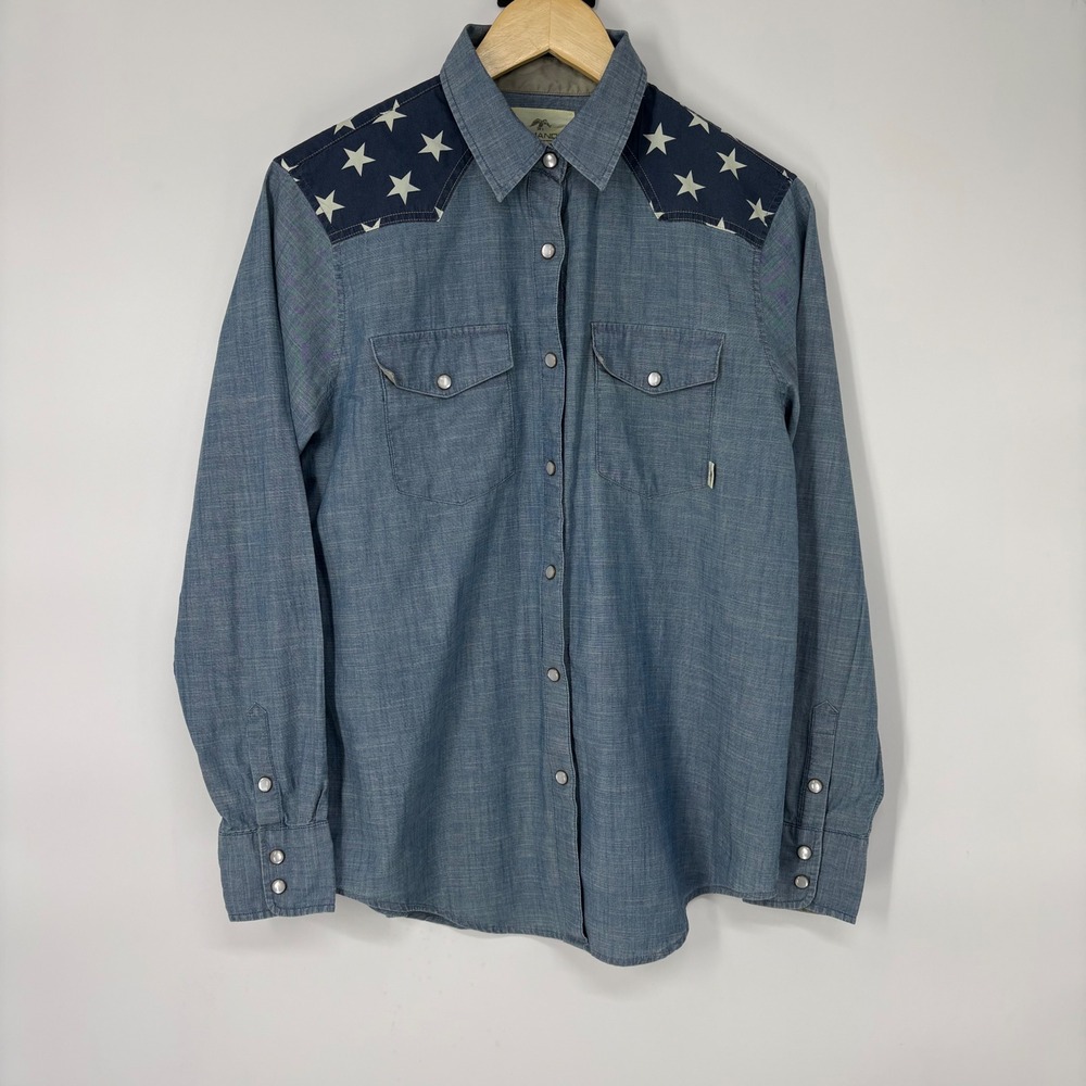 Commander Life Mens Western Snap Shirt L Blue Chambray Star Yoke Americana Rodeo